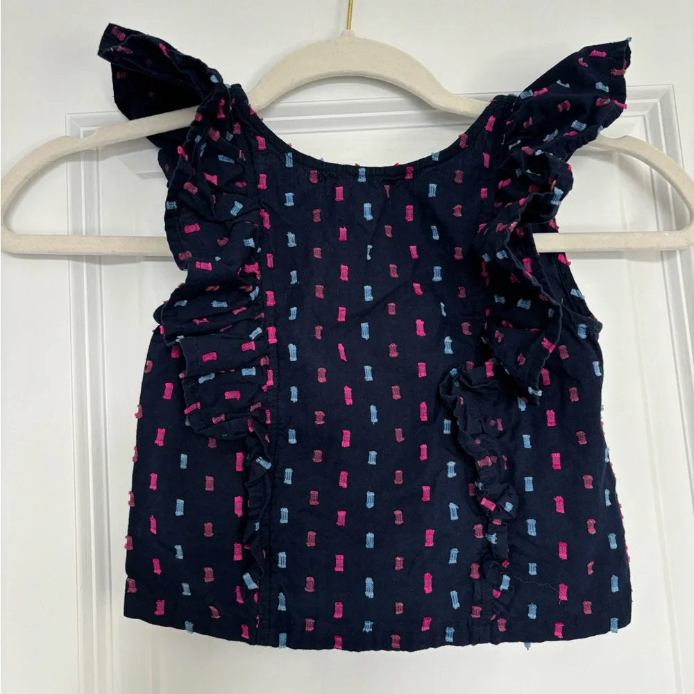 Gap Kids Navy Blue Ruffle Sleeve with Pink & Blue Design Tank Top Size Medium